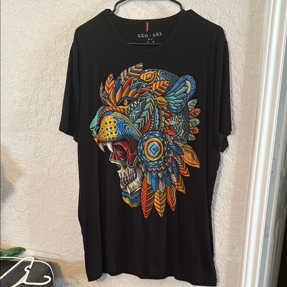 Vibrant Black Graphic Tee with Multicolor Lion Design
